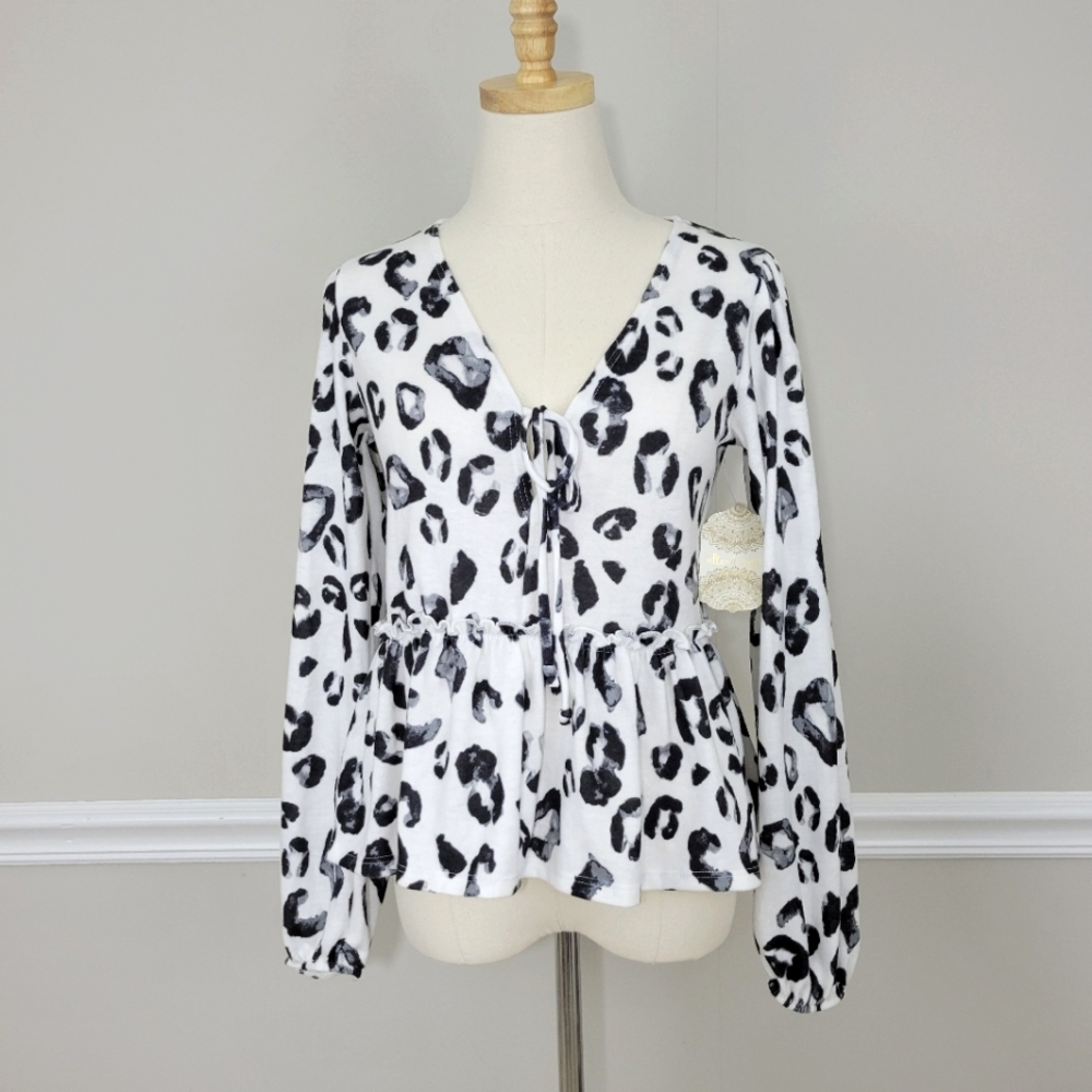 Altar'd State White and Black Print Deep Neckline Shirt Top Size XS